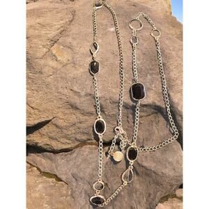 Elegant Silver Toned Necklace with Black Faceted Glass Beads